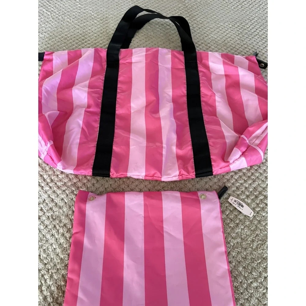 Victoria's Secret Black Pink Stripe Weekender, Make Up Bag And Umbrella Set Bags